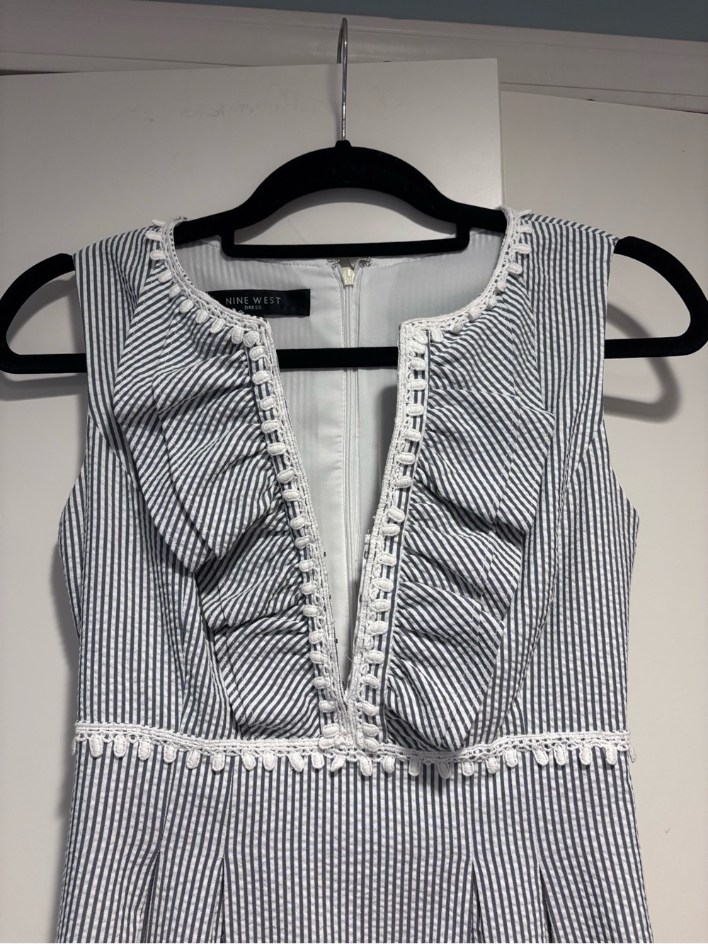 Nine West Sleeveless Striped Seersucker  Ruffle Dress in Navy & White